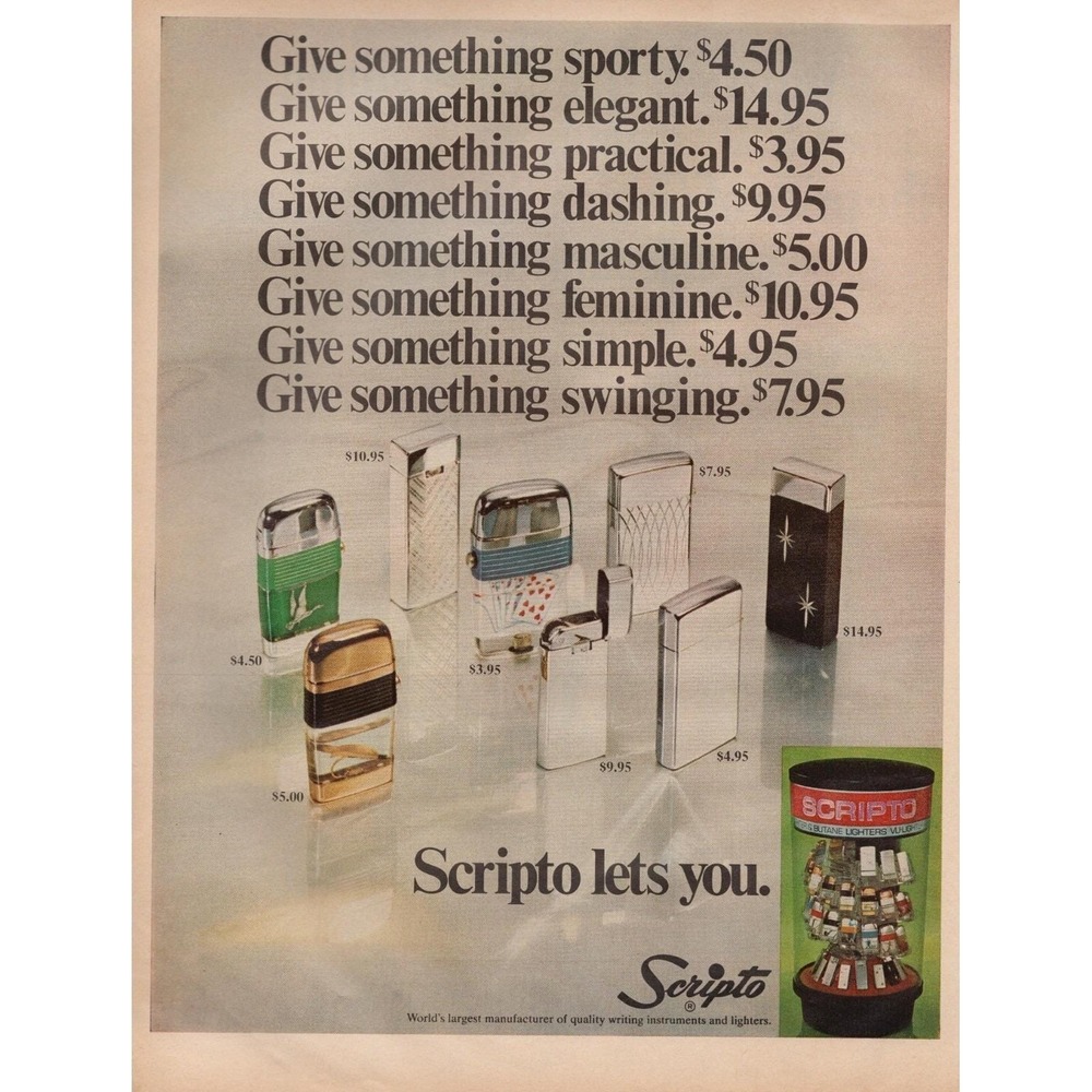 Scripto Lighters Gift Ideas Prices Vintage Magazine Print Ad 1970